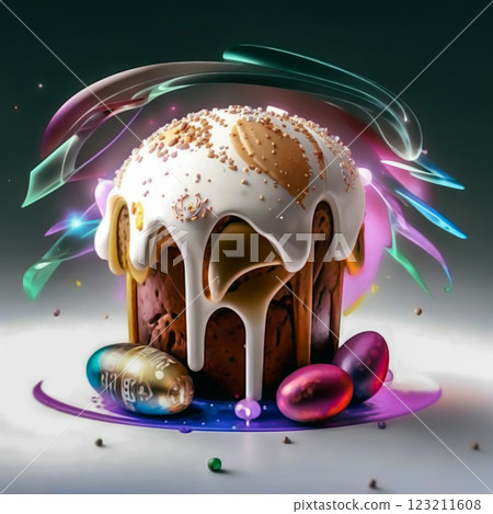 Slavic baked paska with colored eggs. Easter holiday. Rich in colors, beautifully decorated isolated beautiful baked Easter cake. Slavic baked paska with colored eggs. Easter holiday. Rich in colors, beautifully decorated isolated beautiful baked Easter cake. 123211608