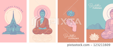 Buddha Purnima, Vesak Day concept design with Buddha and lotus illustration, abstract background Buddha Purnima, Vesak Day concept design with Buddha and lotus illustration, abstract background 123211609