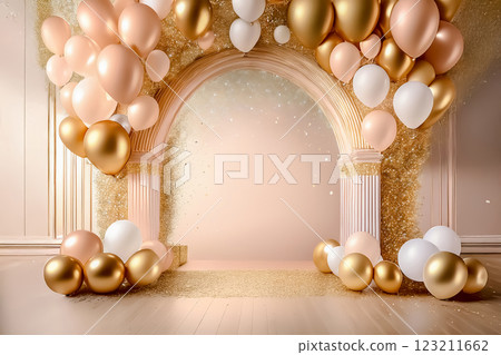 An elegant arch decorated with gold, white and pink balloons 123211662