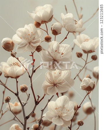 Closeup of white flower blossoms on a tree branch 123211685