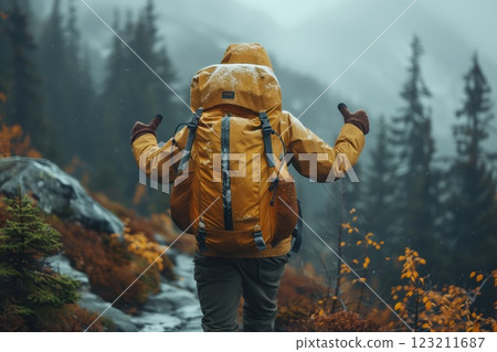 A person with a backpack walks through a forest under a cloudy sky 123211687