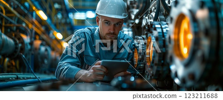 An engineer in electric blue workwear is using a tablet in a factory 123211688