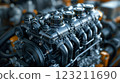 Detailed closeup of an automotive engine inside a garage 123211690