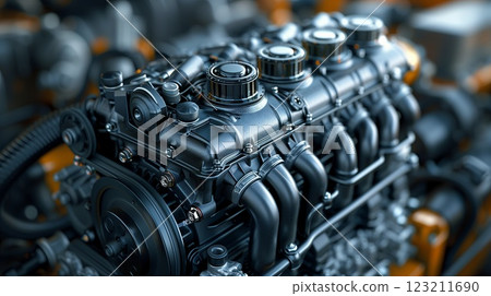 Detailed closeup of an automotive engine inside a garage 123211690