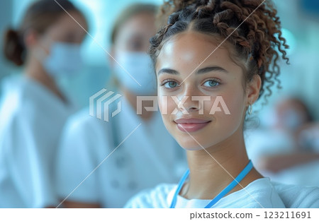 Happy nurses in masks at hospital. Adaptation to new normal 123211691