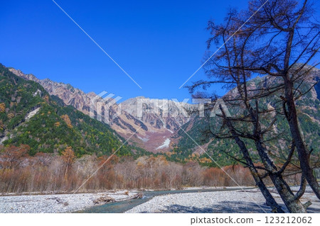 深秋時節穗高山脈與落葉鬆的黃葉景色 深秋時節穗高山脈與落葉鬆的黃葉景色 123212062