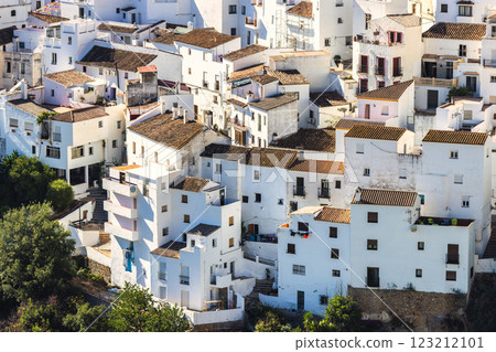 Casares town in Andalusia, Spain, Europe. Whitewashed village nestled on a hillside, a picturesque cluster of buildings under a bright sun. 123212101