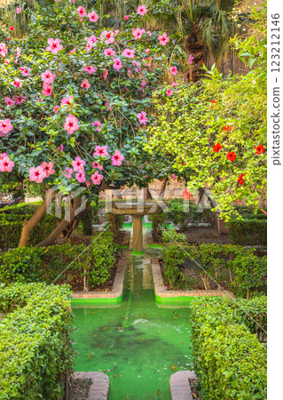 Malaga, seaside city in Andalusia, Spain, Europe. Serene garden oasis with vibrant flowers and a tranquil fountain. Malaga, seaside city in Andalusia, Spain, Europe. Serene garden oasis with vibrant flowers and a tranquil fountain. 123212146