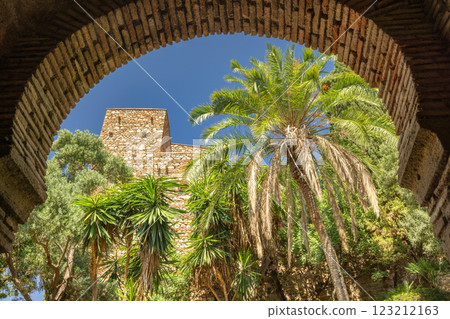 Alcazaba, palace and fortification in Malaga city at Andalusia, Spain, Europe. Stone tower viewed through an archway, lush palms and greenery surround it under a clear blue sky. 123212163