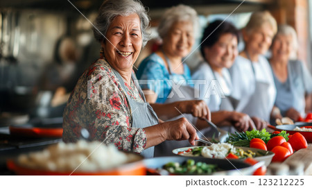 Joyful cooking and community engagement in a bustling kitchen with cheerful volunteers 123212225