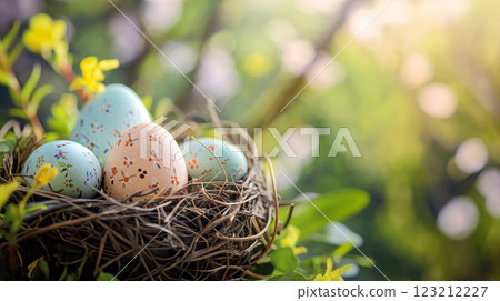 Colorful Easter eggs nestled in a natural nest among green foliage during springtime 123212227