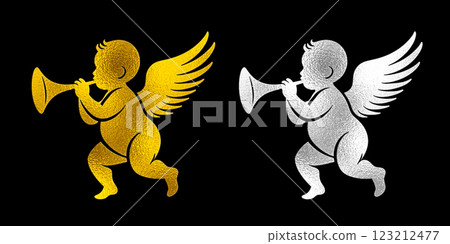 吹喇叭的小天使剪影的銀色和金色插圖，黑色背景上的切口 123212477