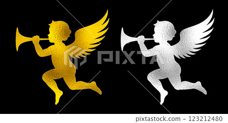 吹喇叭的小天使剪影的銀色和金色插圖，黑色背景上的切口 123212480