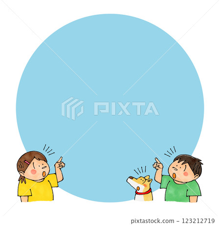 Pointing child and dog (notice) Copy space (blue) 123212719