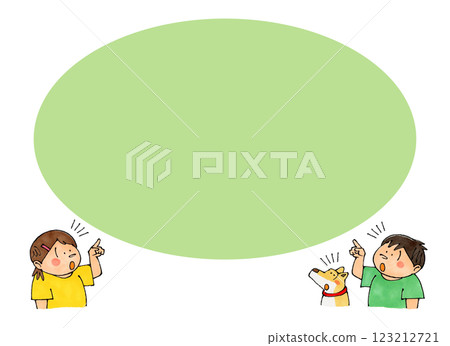 Pointing child and dog (notice) Copy space (green) 123212721