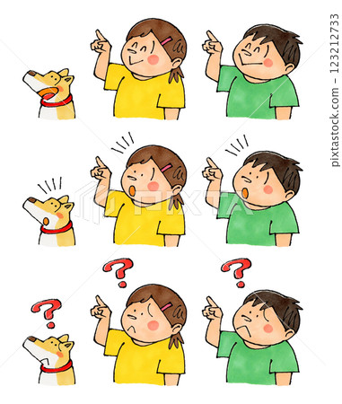 Pointing child and dog (smile, notice, question) Pointing child and dog (smile, notice, question) 123212733
