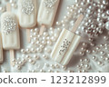 The ice cream on a stick, decorated with edible pearls,popsicle, rhinestones. 123212899