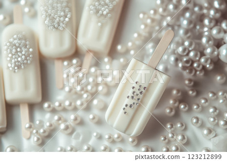 The ice cream on a stick, decorated with edible pearls,popsicle, rhinestones. 123212899