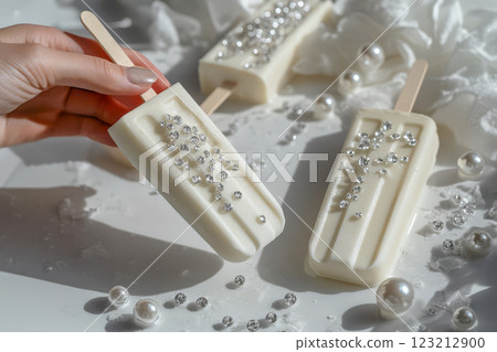 The hand holds an ice cream on a stick, decorated with edible pearls,popsicle, rhinestones. 123212900