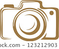 Golden photo camera vector icon on a white background Logo 123212903