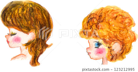 女孩把頭髮往後梳，女人閉著眼睛的側面，女人睜著眼睛的側面 123212995