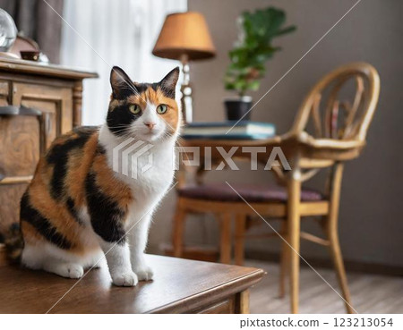 cat sitting on desk 123213054