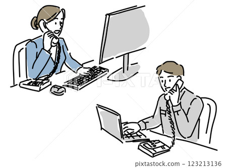 穿著工作服的男女工作人員透過電話諮詢的簡單線條畫 123213136