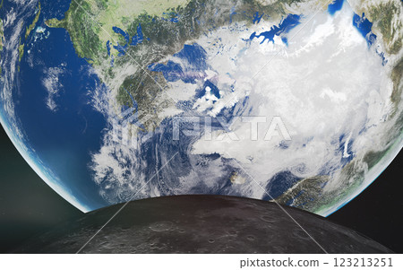 A dramatic view of planet Earth seen from beyond the horizon of the Moon, with the Moon's rugged surface in the foreground and the vastness of space in the background A dramatic view of planet Earth seen from beyond the horizon of the Moon, with the Moon's rugged surface in the foreground and the vastness of space in the background 123213251