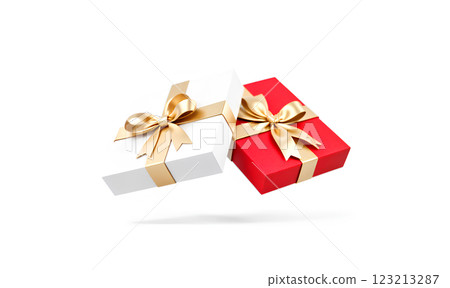 Blank red and white gift box with ribbon bow mockup. 123213287