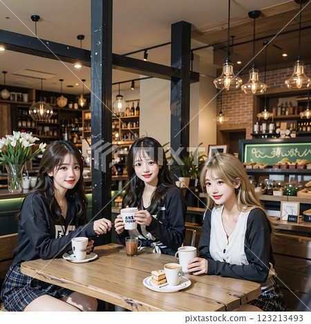 Blonde high school girls having a girls' night at a cafe AI images AI photos AI-generated images 123213493