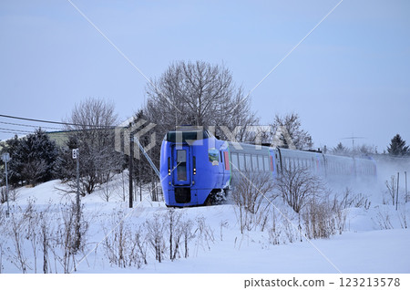 冬季，大雪特快列車在石北本線上運行 123213578
