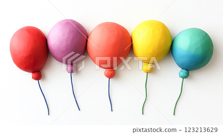 3D clay model illustration of colorful balloons lined up on white background 123213629