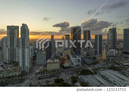 Evening urban landscape of downtown district of Miami Brickell in Florida, USA. Skyline with high skyscraper buildings and urban transportation system in modern american megapolis 123213753