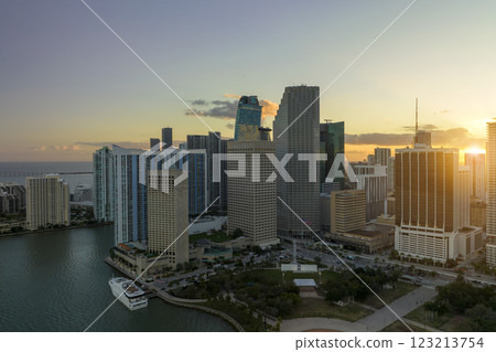 Evening urban landscape of downtown district of Miami Brickell in Florida, USA. Skyline with dark high skyscraper buildings in modern american megapolis 123213754