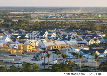 Construction in new developing suburban area. Development of residential housing in American suburbs. Real estate market in the USA 123213819