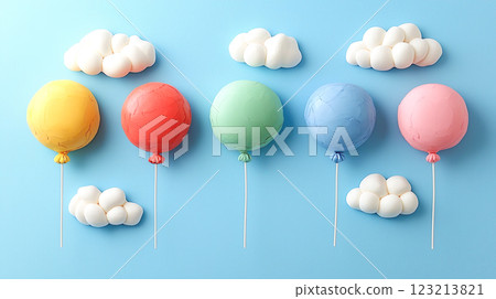彩色氣球在藍天上排成一列漂浮的 3D 黏土模型插圖 123213821