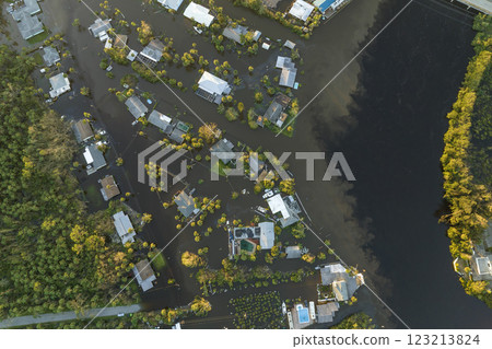 Consequences of natural disaster. Heavy flood with high water surrounding residential houses after hurricane Ian rainfall in Florida residential area Consequences of natural disaster. Heavy flood with high water surrounding residential houses after hurricane Ian rainfall in Florida residential area 123213824