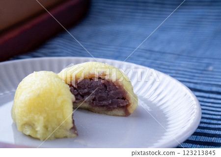 Aizu Yanaizu specialty Awamanju served on a tray with plenty of copy space (Aizu Cotton) 123213845