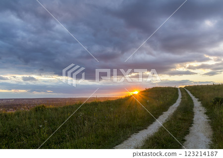 Beautiful landscape at sunset or sunrise, narrow ground road stretching through green grassy blooming meadow to distant horizon lit by bright rays of yellow low setting sun under cloudy evening sky. 123214187