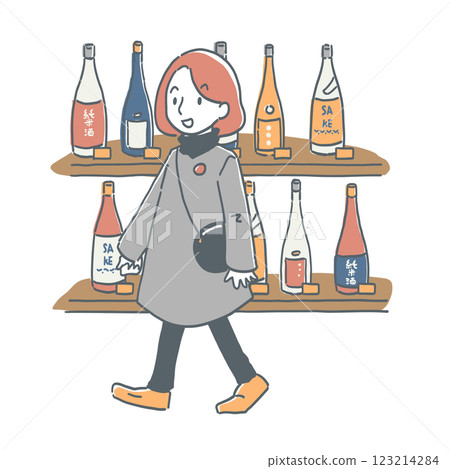 一位女顧客正在看著貨架上的酒水 123214284