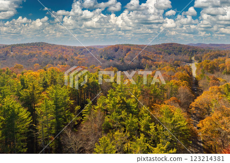 Appalachian mountain hills in autumn with brightly illuminated lush and pine woods at fall season. Autumnal landscape of beautiful nature Appalachian mountain hills in autumn with brightly illuminated lush and pine woods at fall season. Autumnal landscape of beautiful nature 123214381