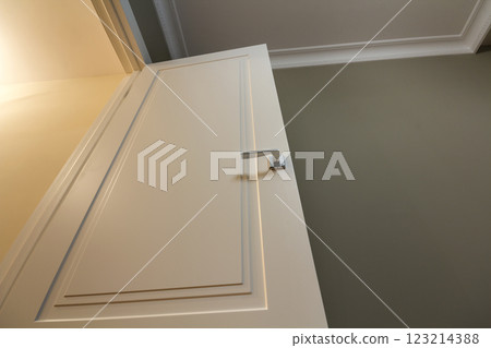 Apartment after renovation interior. White door with metal handle, light walls and ceiling, angle view. Apartment after renovation interior. White door with metal handle, light walls and ceiling, angle view. 123214388