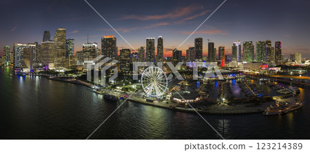 American urban landscape at night. Miami marina and Skyviews Observation Wheel at Bayside Marketplace with reflections in Biscayne Bay water and skyscrapers of Brickell, city's financial center American urban landscape at night. Miami marina and Skyviews Observation Wheel at Bayside Marketplace with reflections in Biscayne Bay water and skyscrapers of Brickell, city's financial center 123214389