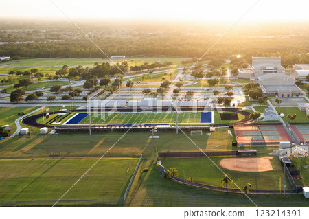 American football stadium at public school in North Port, Florida. Sports infrastructure facilities in USA American football stadium at public school in North Port, Florida. Sports infrastructure facilities in USA 123214391