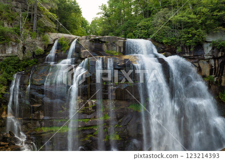 Amazing summer landscape with forest river waters falling down in big waterfall with clear water between rocky boulders in Nantahala National Forest. Whitewater Falls, North Carolina, USA Amazing summer landscape with forest river waters falling down in big waterfall with clear water between rocky boulders in Nantahala National Forest. Whitewater Falls, North Carolina, USA 123214393