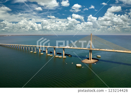 Aerial view of Sunshine Skyway Bridge over Tampa Bay in Florida with moving traffic. Concept of transportation infrastructure Aerial view of Sunshine Skyway Bridge over Tampa Bay in Florida with moving traffic. Concept of transportation infrastructure 123214426