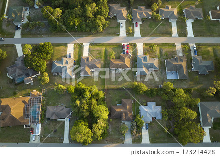Aerial view of suburban landscape with private homes between green palm trees in Florida quiet residential area Aerial view of suburban landscape with private homes between green palm trees in Florida quiet residential area 123214428