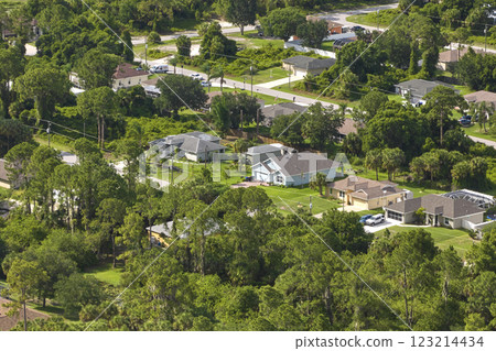 Aerial view of small town America suburban landscape with private homes between green palm trees in Florida quiet residential area Aerial view of small town America suburban landscape with private homes between green palm trees in Florida quiet residential area 123214434