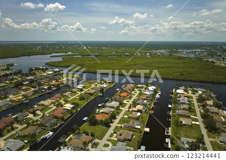 Aerial view of residential suburbs with private homes located near wildlife wetlands with green vegetation on sea shore. Living close to nature concept 123214441