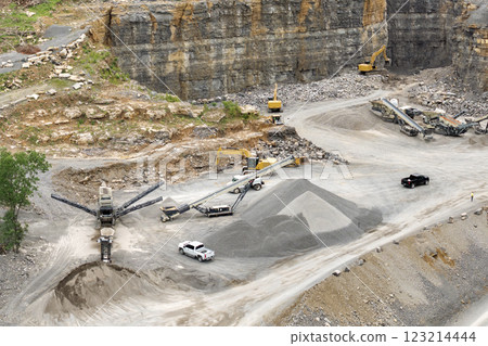 Aerial view of open pit mining site of limestone materials extraction for construction industry Aerial view of open pit mining site of limestone materials extraction for construction industry 123214444